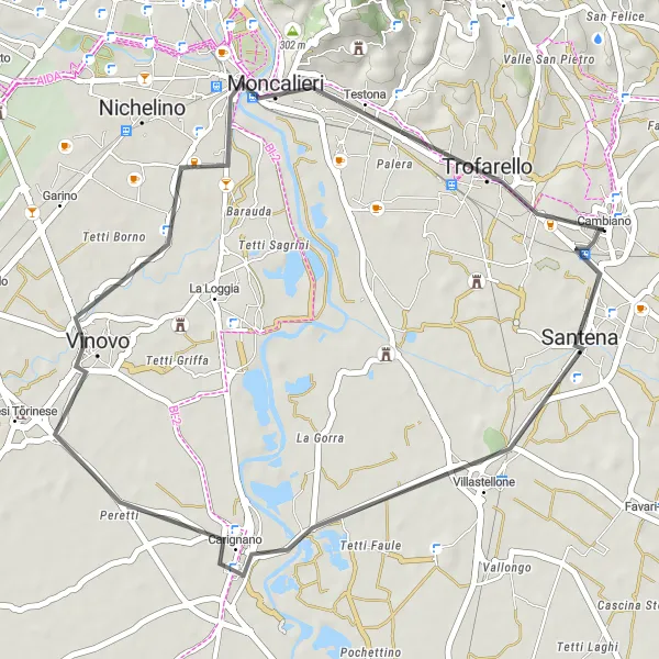 Mapa miniatúra "Cyklotúra cez Moncalieri a Trofarello" cyklistická inšpirácia v Piemonte, Italy. Vygenerované cyklistickým plánovačom trás Tarmacs.app