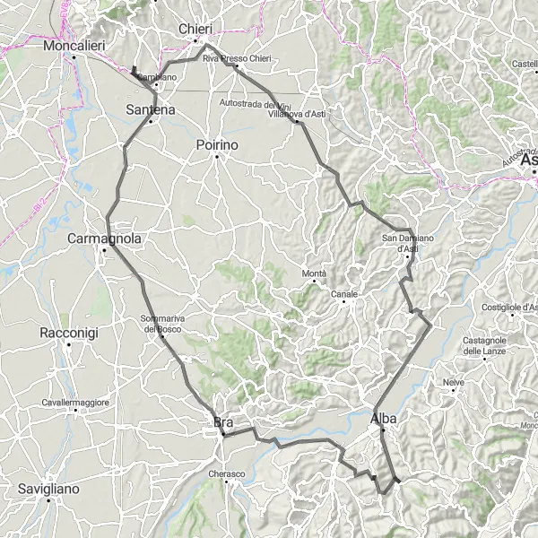 Karttaminiaatyyri "Cambiano ja Trofarello Maantie Reitti" pyöräilyinspiraatiosta alueella Piemonte, Italy. Luotu Tarmacs.app pyöräilyreittisuunnittelijalla