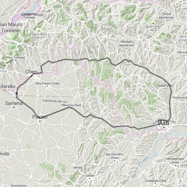 Map miniature of "The Chieri Loop" cycling inspiration in Piemonte, Italy. Generated by Tarmacs.app cycling route planner