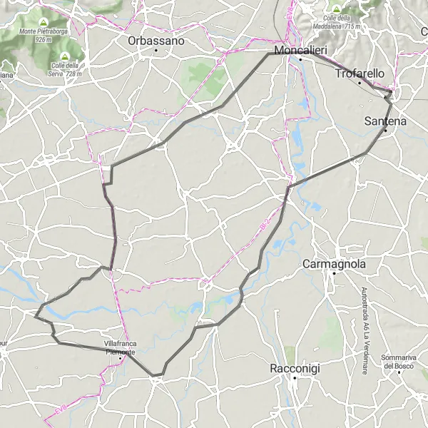 Miniatura della mappa di ispirazione al ciclismo "Percorso verso Trofarello da Santena" nella regione di Piemonte, Italy. Generata da Tarmacs.app, pianificatore di rotte ciclistiche