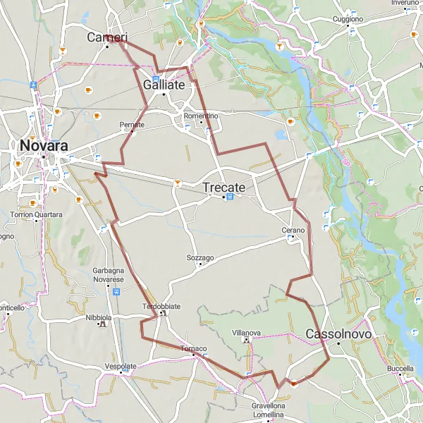Miniatua del mapa de inspiración ciclista "Ruta de Grava a través de Galliate y Tornaco" en Piemonte, Italy. Generado por Tarmacs.app planificador de rutas ciclistas
