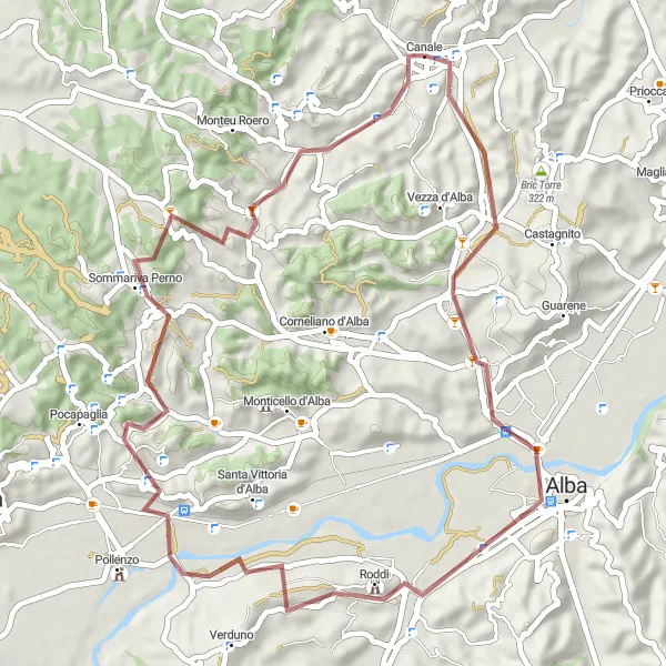 Kartminiatyr av "Opplev Alba og Tre Rivi Grusvei Sykkeltur" sykkelinspirasjon i Piemonte, Italy. Generert av Tarmacs.app sykkelrutoplanlegger
