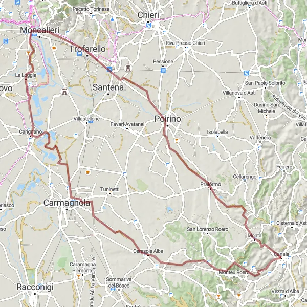 Map miniature of "Gravel Adventure through Roero" cycling inspiration in Piemonte, Italy. Generated by Tarmacs.app cycling route planner
