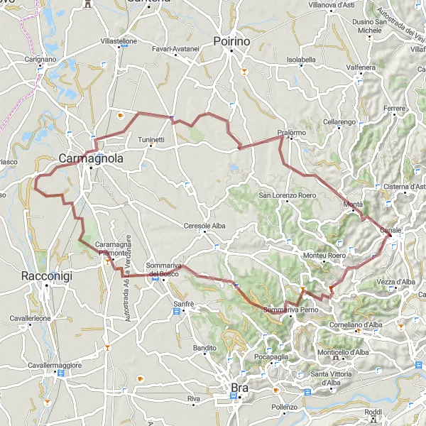 Kartminiatyr av "Grusväg genom Roero och Piemonte" cykelinspiration i Piemonte, Italy. Genererad av Tarmacs.app cykelruttplanerare