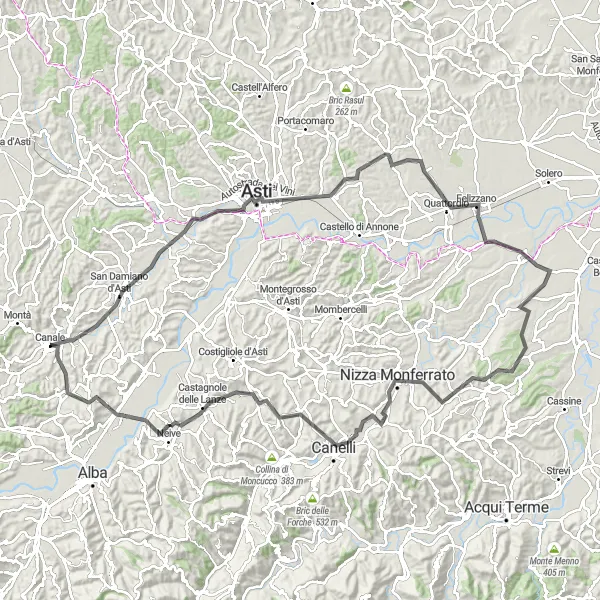 Miniatura della mappa di ispirazione al ciclismo "Itinerario fra le Colline Astigiane" nella regione di Piemonte, Italy. Generata da Tarmacs.app, pianificatore di rotte ciclistiche