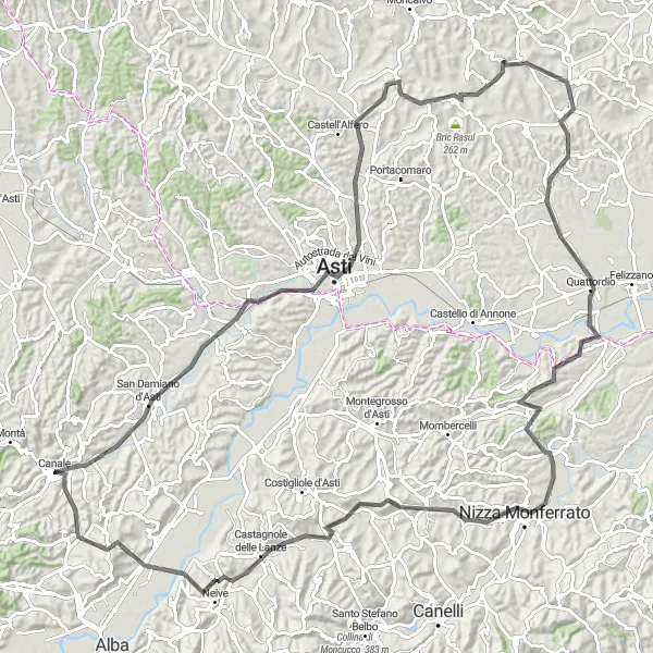 Mapa miniatúra "Jazda na ceste cez San Damiano d'Asti a Castagnole delle Lanze" cyklistická inšpirácia v Piemonte, Italy. Vygenerované cyklistickým plánovačom trás Tarmacs.app
