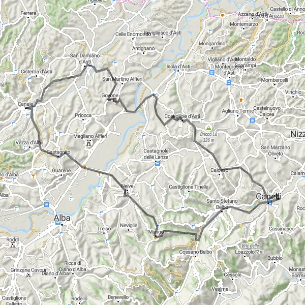 Kartminiatyr av "Vinlandskap og landsbyer" sykkelinspirasjon i Piemonte, Italy. Generert av Tarmacs.app sykkelrutoplanlegger