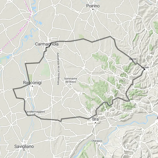Miniatura della mappa di ispirazione al ciclismo "Esplorazione Storica della Provincia di Cuneo" nella regione di Piemonte, Italy. Generata da Tarmacs.app, pianificatore di rotte ciclistiche