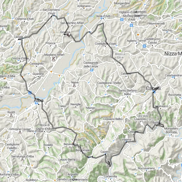 Miniatura della mappa di ispirazione al ciclismo "Tra Langhe e Monferrato" nella regione di Piemonte, Italy. Generata da Tarmacs.app, pianificatore di rotte ciclistiche