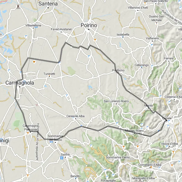 Map miniature of "Roero Landscapes and Castles" cycling inspiration in Piemonte, Italy. Generated by Tarmacs.app cycling route planner