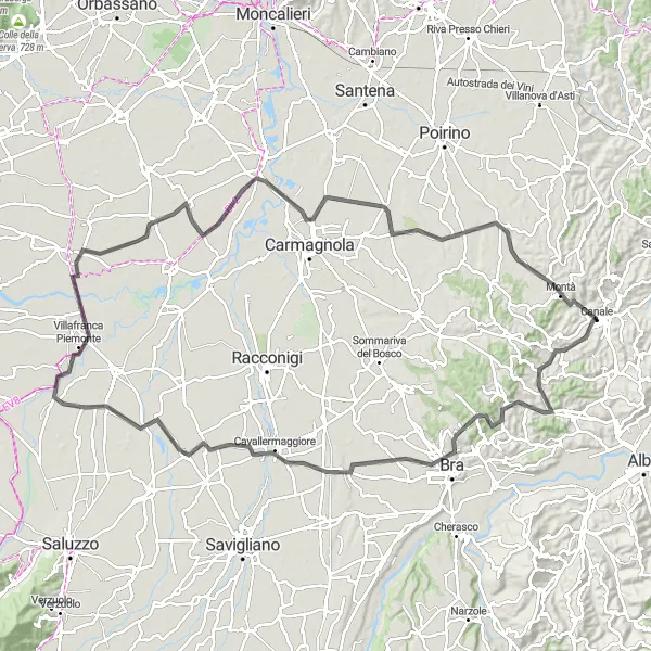 Kartminiatyr av "Opplev Sommariva Perno til Canale Landevei Sykkeltur" sykkelinspirasjon i Piemonte, Italy. Generert av Tarmacs.app sykkelrutoplanlegger