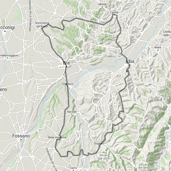 Karten-Miniaturansicht der Radinspiration "Hügeliges Roero und charmantes Alba" in Piemonte, Italy. Erstellt vom Tarmacs.app-Routenplaner für Radtouren