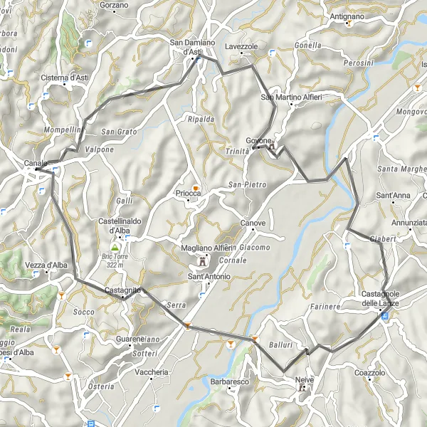 Kartminiatyr av "Utforsk San Damiano d'Asti til Panorama sul Roero Landevei Sykkeltur" sykkelinspirasjon i Piemonte, Italy. Generert av Tarmacs.app sykkelrutoplanlegger