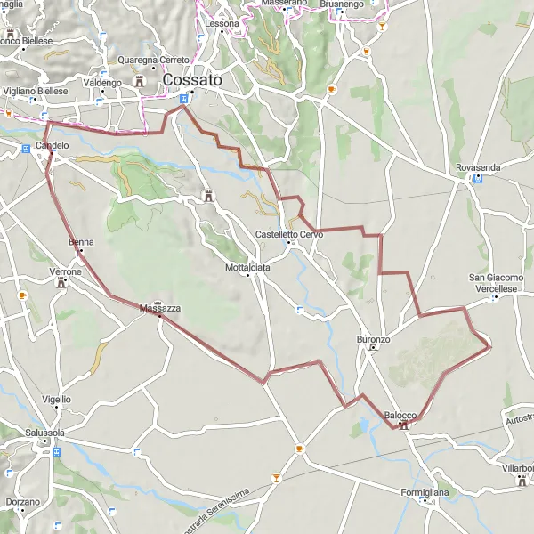 Miniatura della mappa di ispirazione al ciclismo "Tour Enogastronomico tra Candelo e Benna" nella regione di Piemonte, Italy. Generata da Tarmacs.app, pianificatore di rotte ciclistiche