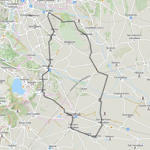 Miniaturní mapa "Candelo - Benna loop" inspirace pro cyklisty v oblasti Piemonte, Italy. Vytvořeno pomocí plánovače tras Tarmacs.app