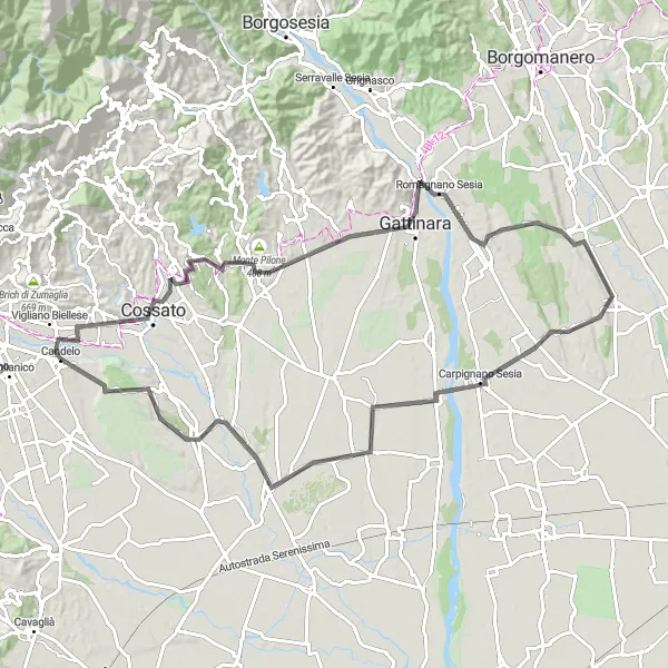 Miniatua del mapa de inspiración ciclista "Circuito por carretera cerca de Candelo" en Piemonte, Italy. Generado por Tarmacs.app planificador de rutas ciclistas