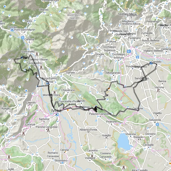 Miniatua del mapa de inspiración ciclista "Desafío montañoso hacia Sandigliano" en Piemonte, Italy. Generado por Tarmacs.app planificador de rutas ciclistas