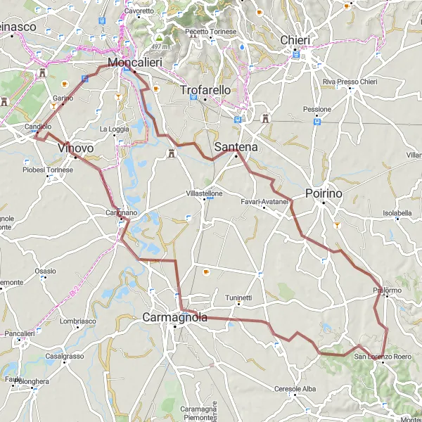 Miniatua del mapa de inspiración ciclista "Ruta de 81 km en gravilla desde Candiolo" en Piemonte, Italy. Generado por Tarmacs.app planificador de rutas ciclistas
