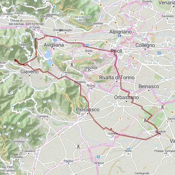 Miniaturní mapa "Gravel bike trasa přes Piossasco, Trana, Villaggio Primavera, Rocce Rosse, torre panoramica, Orbassano a Candiolo" inspirace pro cyklisty v oblasti Piemonte, Italy. Vytvořeno pomocí plánovače tras Tarmacs.app