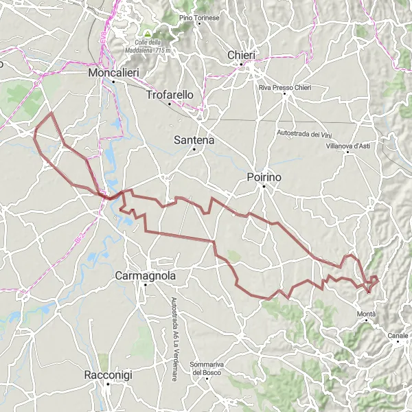 Miniatua del mapa de inspiración ciclista "Ruta de ciclismo de gravilla a través de Vinovo y Candiolo" en Piemonte, Italy. Generado por Tarmacs.app planificador de rutas ciclistas