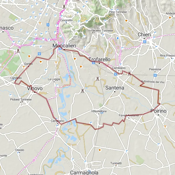 Mapa miniatúra "Okolo Moncalieriho a Vinova" cyklistická inšpirácia v Piemonte, Italy. Vygenerované cyklistickým plánovačom trás Tarmacs.app