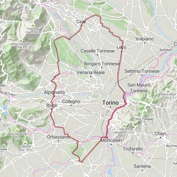 Kartminiatyr av "Grusvägsrunda till Rivalta di Torino" cykelinspiration i Piemonte, Italy. Genererad av Tarmacs.app cykelruttplanerare