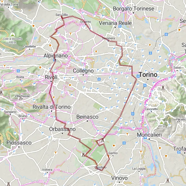 Kartminiatyr av "Grusvägscykling till Rivalta di Torino" cykelinspiration i Piemonte, Italy. Genererad av Tarmacs.app cykelruttplanerare