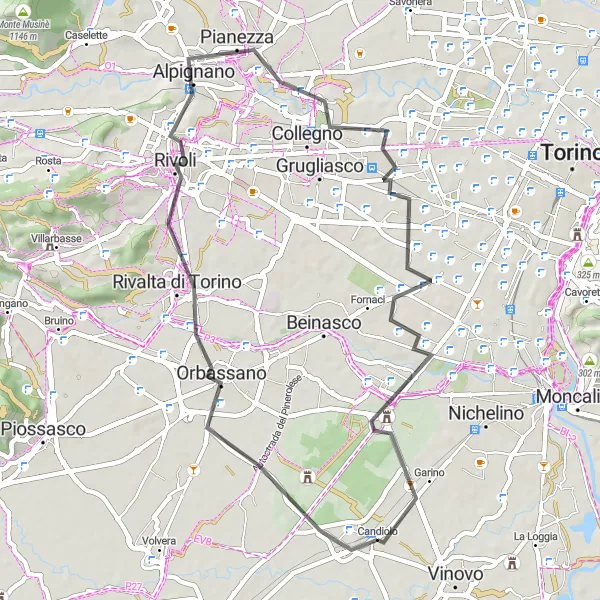 Mapa miniatúra "Okolo mesta Candiolo" cyklistická inšpirácia v Piemonte, Italy. Vygenerované cyklistickým plánovačom trás Tarmacs.app