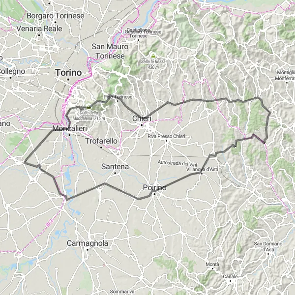 Zemljevid v pomanjšavi "Osvežujoča vožnja ob Chieri" kolesarske inspiracije v Piemonte, Italy. Generirano z načrtovalcem kolesarskih poti Tarmacs.app