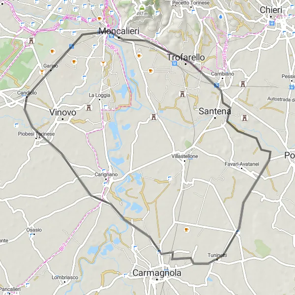 Miniaturní mapa "Okružní cyklistická trasa Moncalieri-Tuninetti-Piobesi Torinese" inspirace pro cyklisty v oblasti Piemonte, Italy. Vytvořeno pomocí plánovače tras Tarmacs.app