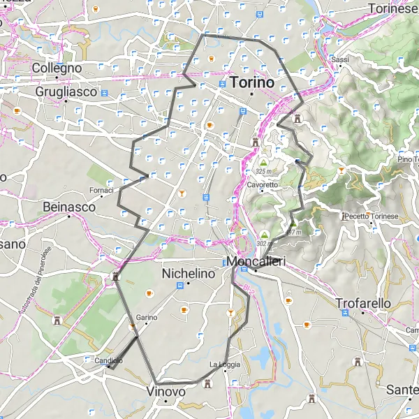 Mapa miniatúra "Scenic Route to Vinovo" cyklistická inšpirácia v Piemonte, Italy. Vygenerované cyklistickým plánovačom trás Tarmacs.app