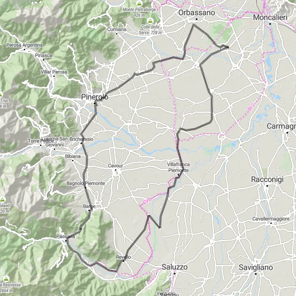 Zemljevid v pomanjšavi "Velika kolesarska avantura skozi Piemont" kolesarske inspiracije v Piemonte, Italy. Generirano z načrtovalcem kolesarskih poti Tarmacs.app