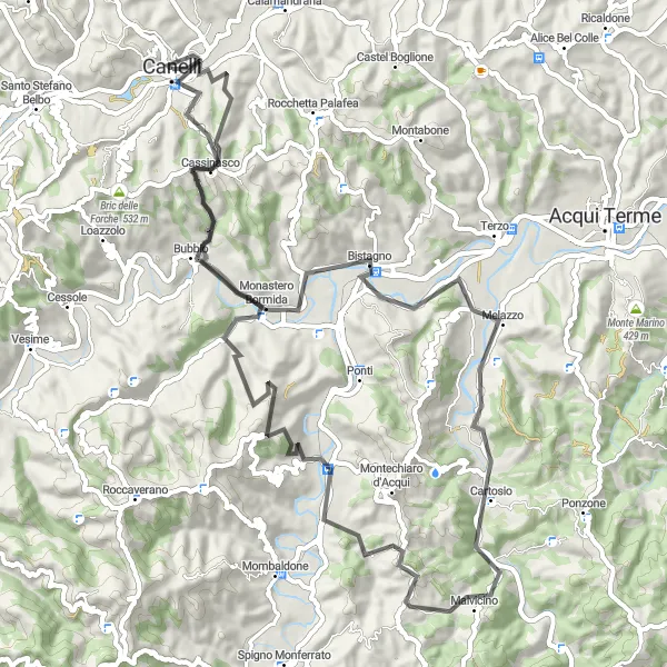 Kartminiatyr av "Canelli til Cassinasco ogbeyond" sykkelinspirasjon i Piemonte, Italy. Generert av Tarmacs.app sykkelrutoplanlegger