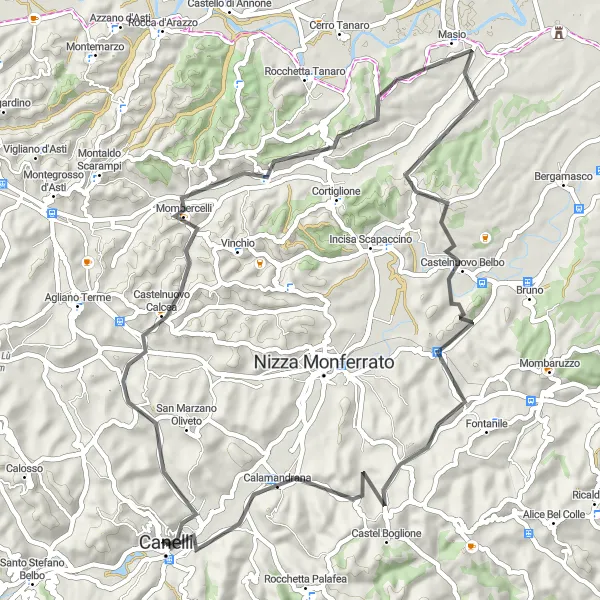 Miniaturní mapa "Okruh kolem Canelli: Mombercelli - Masio - Castelnuovo Belbo - Calamandrana - Palazzo Gancia" inspirace pro cyklisty v oblasti Piemonte, Italy. Vytvořeno pomocí plánovače tras Tarmacs.app