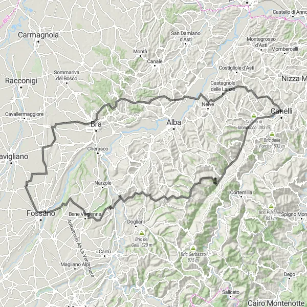Map miniature of "Discovering the Gems of Piedmont: Canelli to Castagnole delle Lanze" cycling inspiration in Piemonte, Italy. Generated by Tarmacs.app cycling route planner