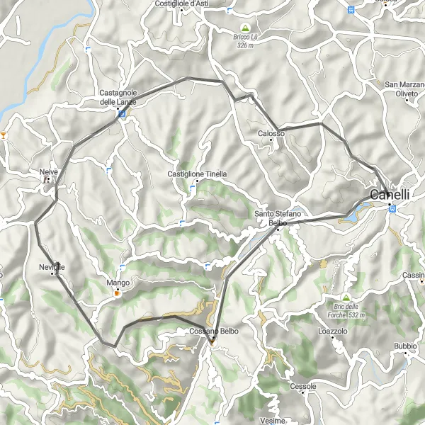 Miniatua del mapa de inspiración ciclista "Ruta de Canelli a Neviglie y Calosso" en Piemonte, Italy. Generado por Tarmacs.app planificador de rutas ciclistas
