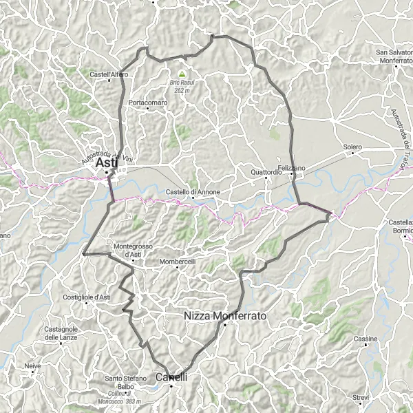 Miniaturní mapa "Okružní trasa z Canelli do Nizza Monferrato" inspirace pro cyklisty v oblasti Piemonte, Italy. Vytvořeno pomocí plánovače tras Tarmacs.app