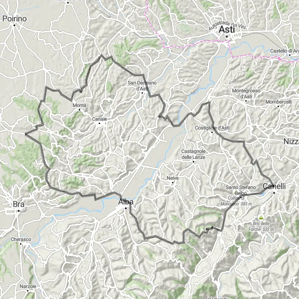 Miniaturní mapa "Cyklotrasa s výhledy na Monferrato a Asti" inspirace pro cyklisty v oblasti Piemonte, Italy. Vytvořeno pomocí plánovače tras Tarmacs.app