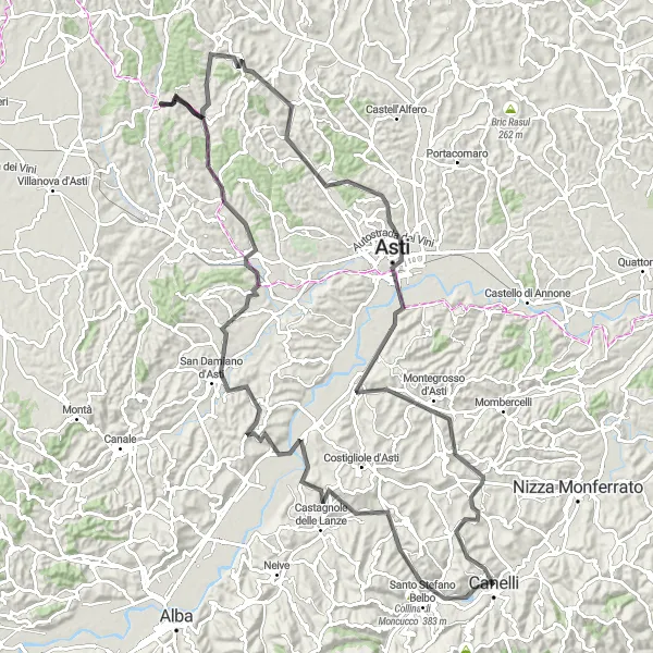 Map miniature of "Canelli and the Palazzi: The Journey Through Historic Landmarks" cycling inspiration in Piemonte, Italy. Generated by Tarmacs.app cycling route planner
