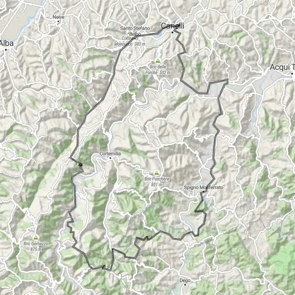 Miniatura della mappa di ispirazione al ciclismo "Alla scoperta delle colline piemontesi: natura e tradizione" nella regione di Piemonte, Italy. Generata da Tarmacs.app, pianificatore di rotte ciclistiche