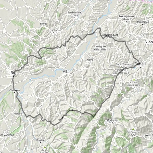 Map miniature of "Canelli to Novello: Exploring the Beautiful Landscapes of Piemonte" cycling inspiration in Piemonte, Italy. Generated by Tarmacs.app cycling route planner