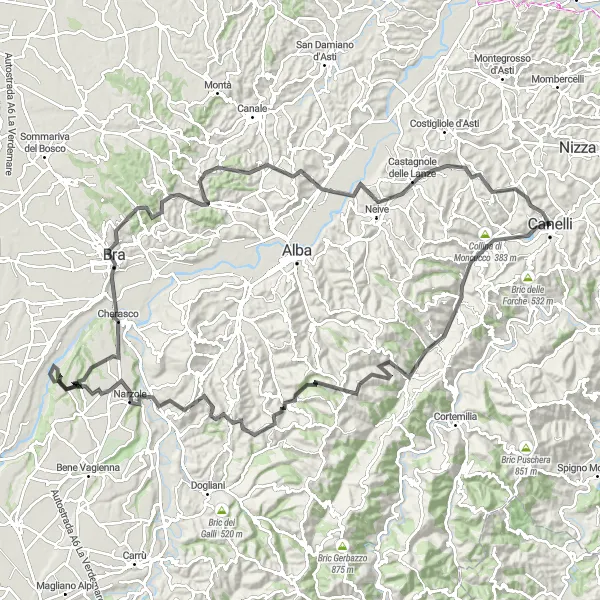 Map miniature of "Challenge the Peaks: Canelli to Cherasco" cycling inspiration in Piemonte, Italy. Generated by Tarmacs.app cycling route planner