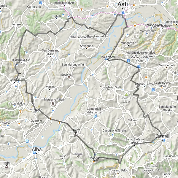 Miniatura mapy "Trasa rowerowa wzdłuż wzgórz Canelli" - trasy rowerowej w Piemonte, Italy. Wygenerowane przez planer tras rowerowych Tarmacs.app