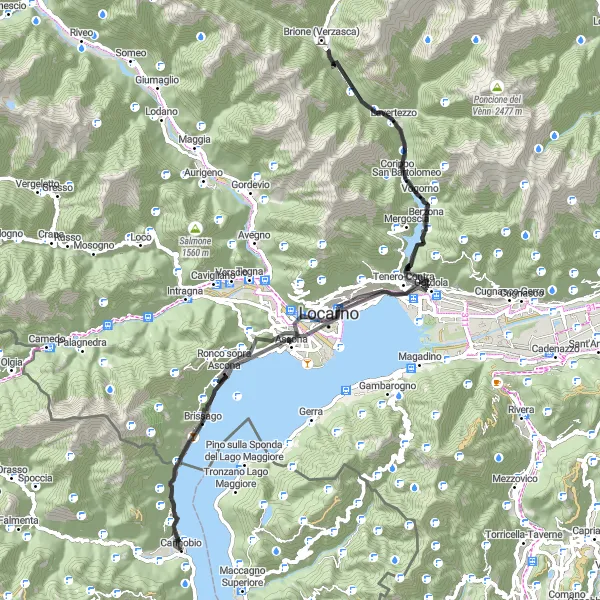 Map miniature of "Exploring the Verzasca Valley" cycling inspiration in Piemonte, Italy. Generated by Tarmacs.app cycling route planner