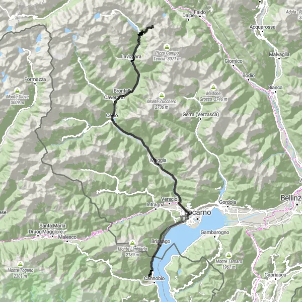 Miniatua del mapa de inspiración ciclista "Ruta de ciclismo de 141km cerca de Cannobio" en Piemonte, Italy. Generado por Tarmacs.app planificador de rutas ciclistas