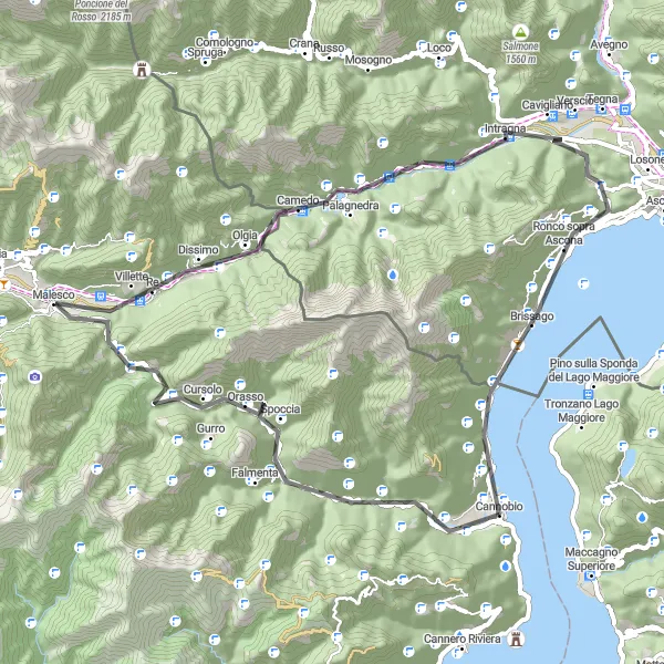 Kartminiatyr av "Äventyrlig cykeltur genom Tessin" cykelinspiration i Piemonte, Italy. Genererad av Tarmacs.app cykelruttplanerare