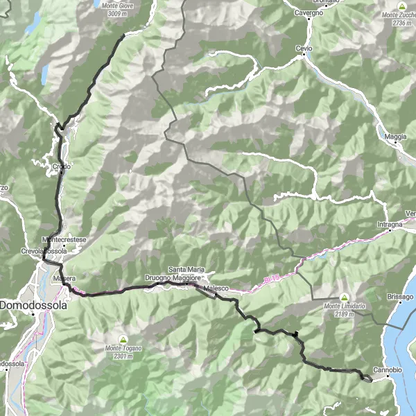 Miniatura della mappa di ispirazione al ciclismo "Cannobio - Cravegna Loop" nella regione di Piemonte, Italy. Generata da Tarmacs.app, pianificatore di rotte ciclistiche
