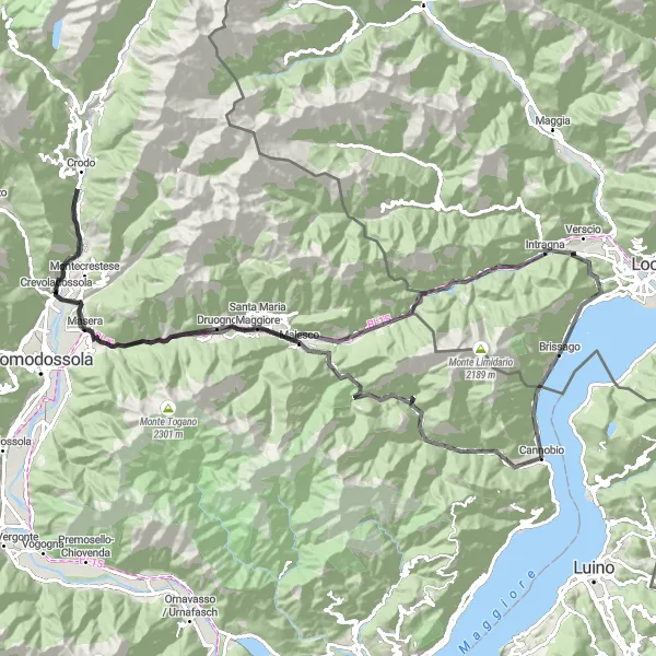 Miniatura della mappa di ispirazione al ciclismo "Circular Route from Cannobio to Druogno" nella regione di Piemonte, Italy. Generata da Tarmacs.app, pianificatore di rotte ciclistiche