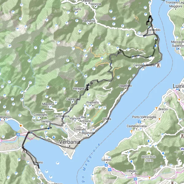 Miniatua del mapa de inspiración ciclista "Ruta de ciclismo de carretera por Cannobio a Nizzolino" en Piemonte, Italy. Generado por Tarmacs.app planificador de rutas ciclistas