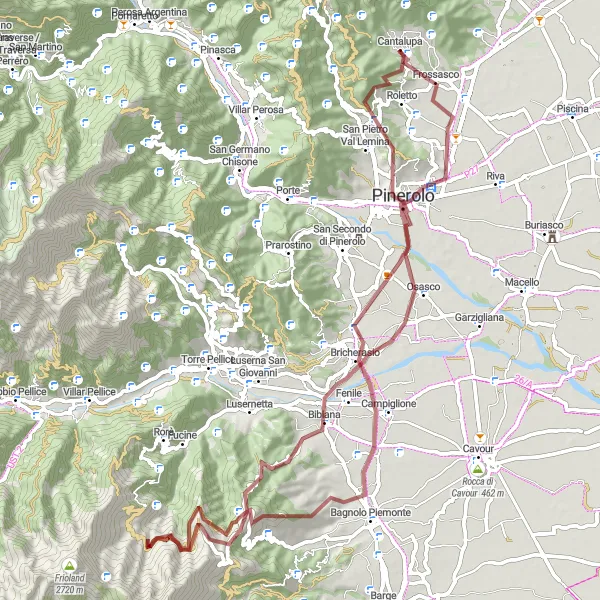 Miniaturekort af cykelinspirationen "Grusvejcykling til Monte Muretto og Pinerolo" i Piemonte, Italy. Genereret af Tarmacs.app cykelruteplanlægger